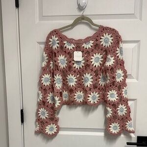 Altar'd State Pink and White Crochet Top